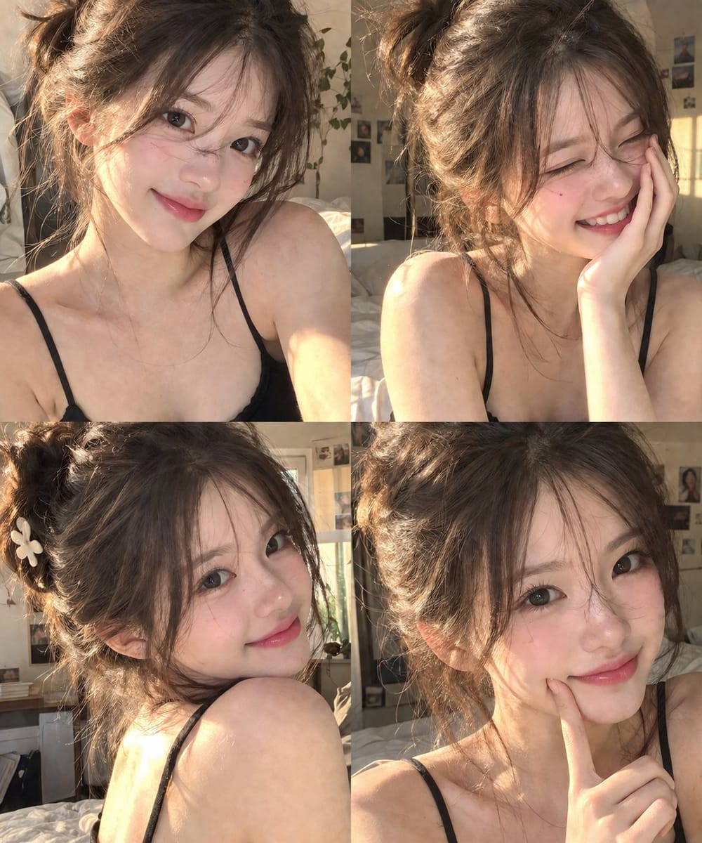 温暖金光·韩国女性四宫格写真AI人像提示词