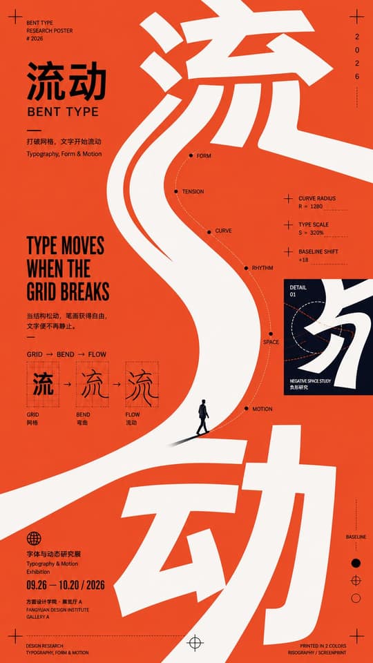 后现代曲线构图海报设计｜艺术级排版视觉提示词