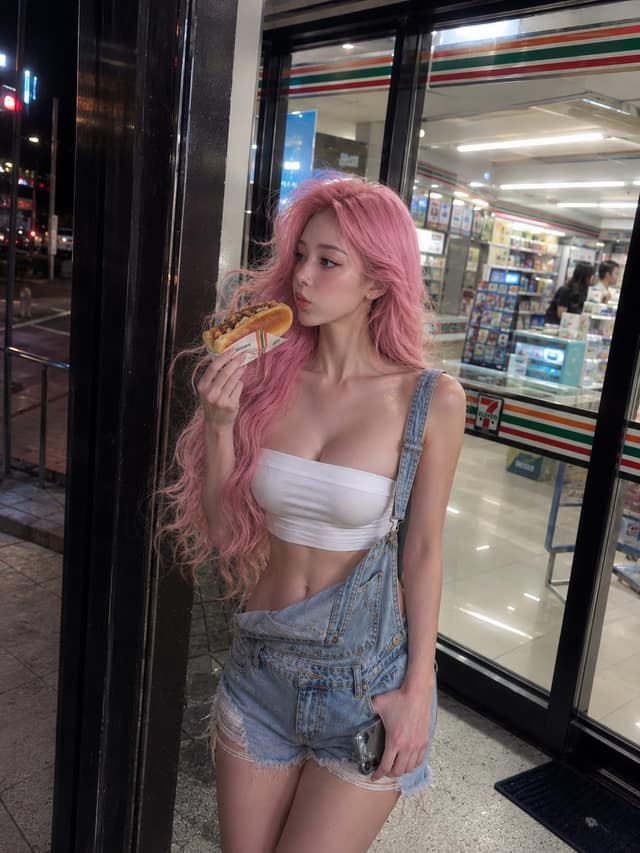 街头随性抓拍：便利店门口吃热狗的二十岁少女