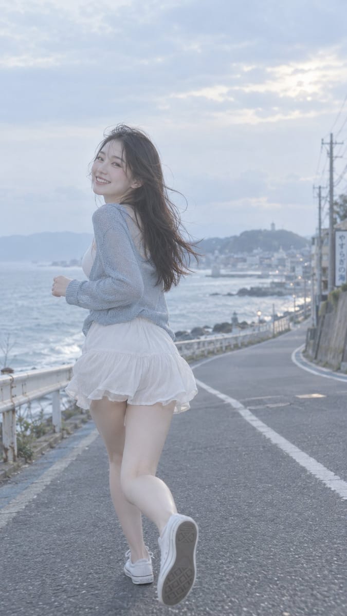 韩国风穿搭博主海滨公路氛围感写真｜冷调胶片人像