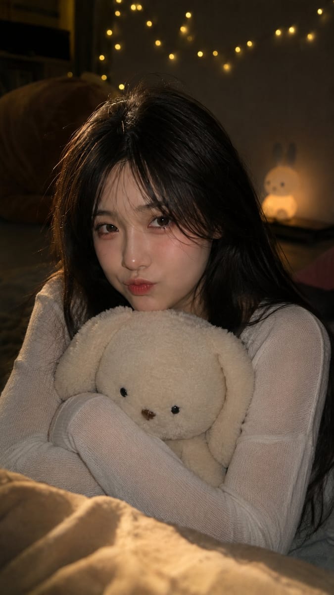 韩系女生室内夜拍抱兔玩偶｜女友视角氛围快照
