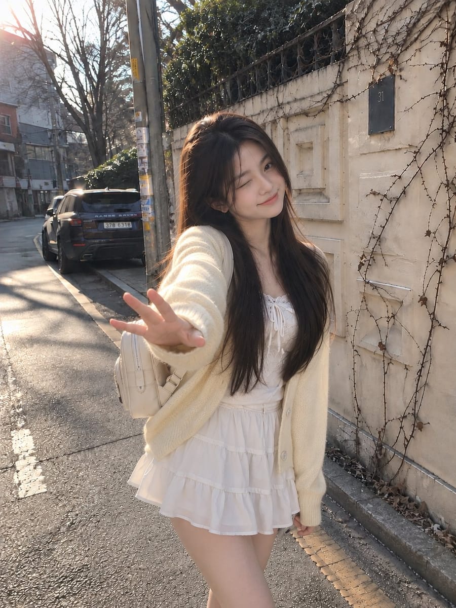 冬日午后都市街头年轻女性随拍｜写实人像摄影Prompt