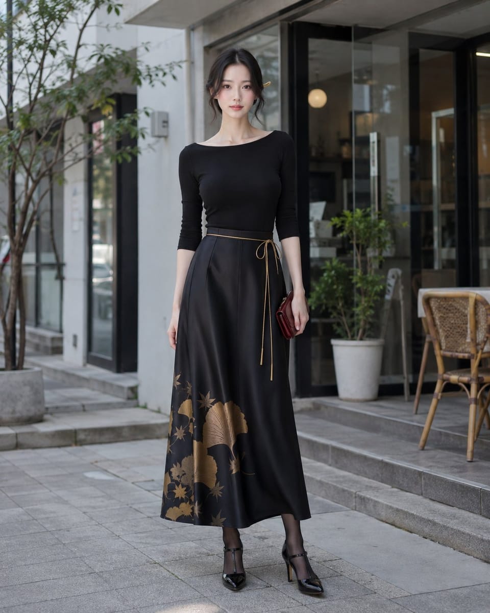黑针织上衣×金色银杏枫叶绸缎长裙·优雅穿搭灵感