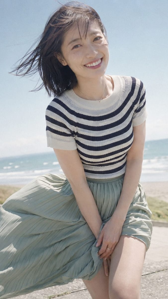 海边迎风微笑的日系条纹衫褶裙女性全身人像提示词