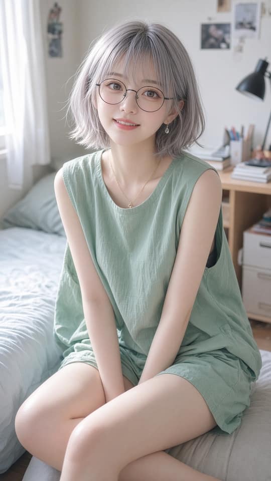 清新薄荷绿套装东亚少女学生卧室写真｜电影感胶片人像