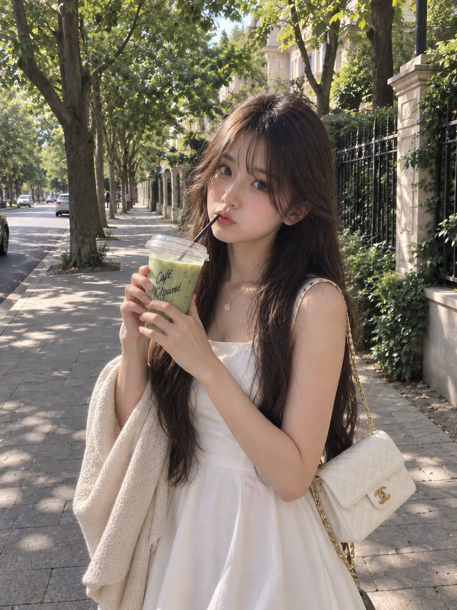 夏日白裙少女户外写实人像｜手捧抹茶街拍