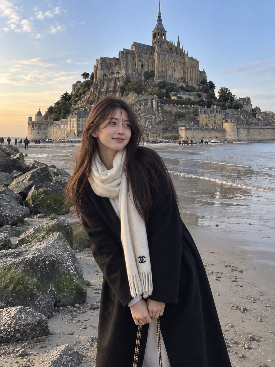 欧洲古建海滩亚裔女性写实旅拍写真