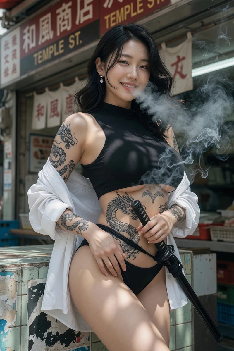 庙街日本店前韩系纹身少女写实人像