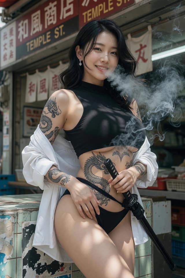 نمونهٔ 庙街日本店前韩系纹身少女写实人像