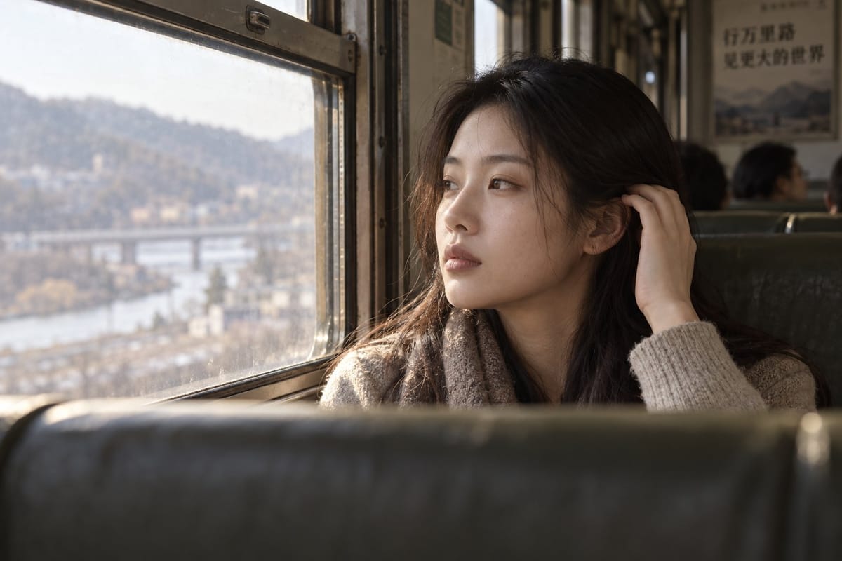 老式火车车厢东亚女性写实人像提示词