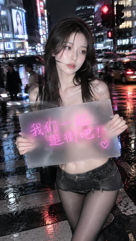 نمونهٔ 雨后夜街CCD抓拍·持磨砂板东亚女性人像提示词