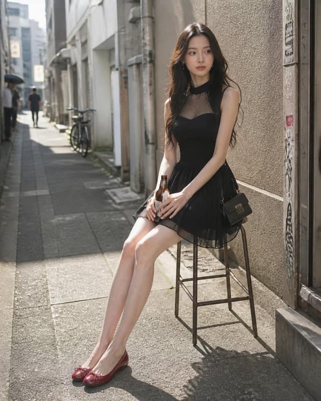 نمونهٔ 黑色挂脖连衣裙+深红芭蕾鞋穿搭指南