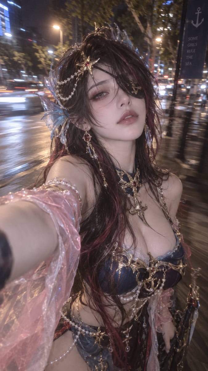 夜间街头幻想海妖手机自拍摄影|COS神女人像提示词