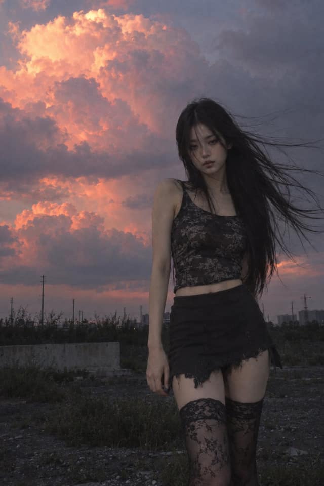 نمونهٔ 荒地少女与粉橙巨云：复古胶片人像摄影