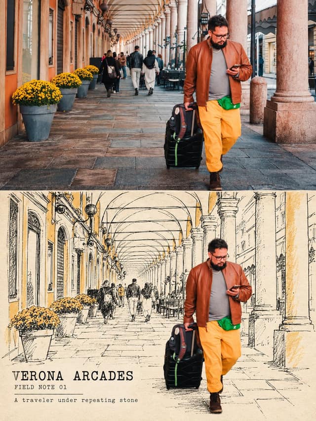 نمونهٔ 真人嵌入断线线描背景｜高级旅行编辑海报