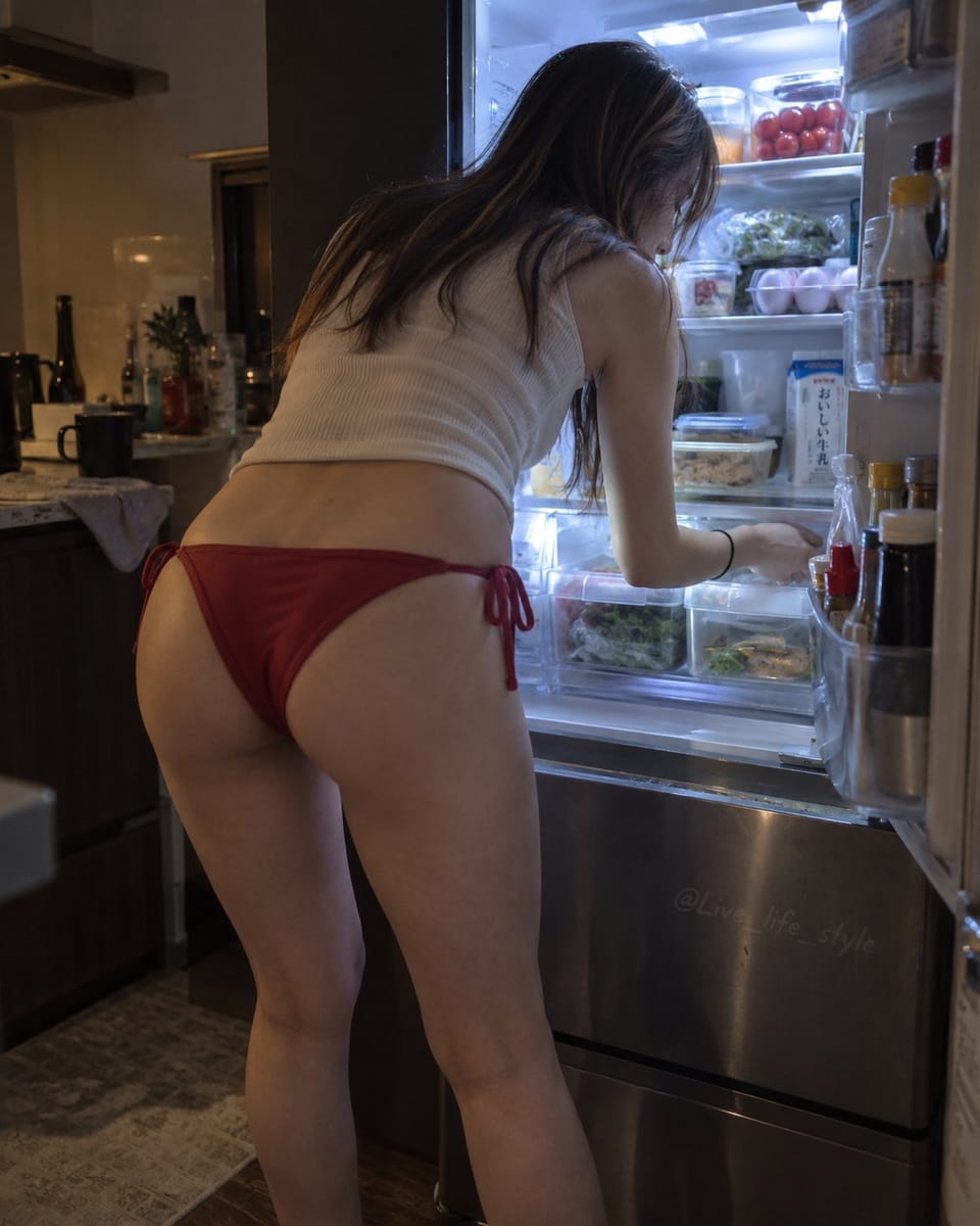 昏暗厨房冰箱前的日系女性日常快照|真实SNS人像摄影提示词