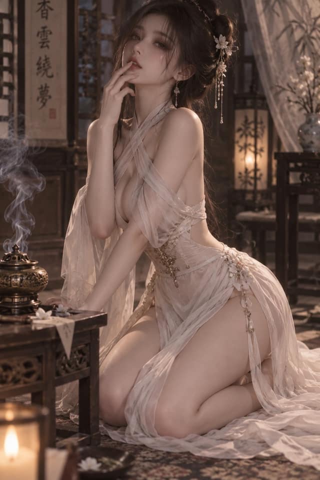 نمونهٔ 交叉薄纱高开衩长裙焚香人像