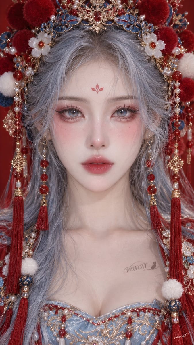 东方神女戏曲点翠红蓝华服人像肖像