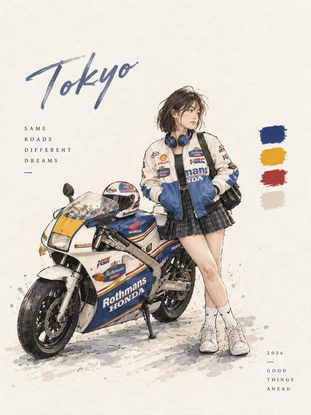 نمونهٔ 复古东京机车少女·编辑风时尚海报插画