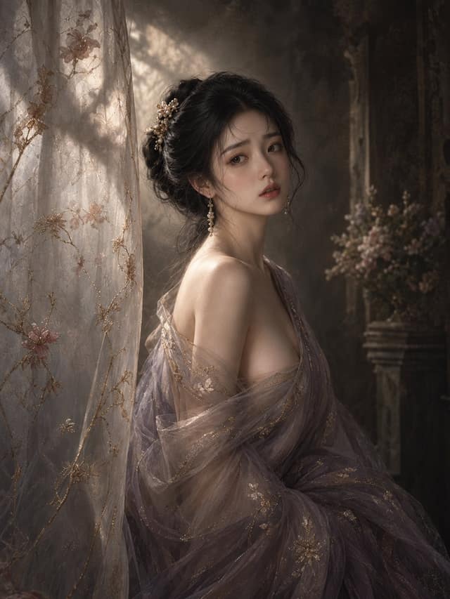 نمونهٔ 东方古典美人含蓄回眸肖像｜油画质感人像生成