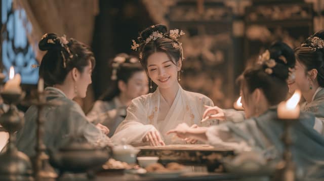 نمونهٔ 唐代贵女深夜博弈：电影感国风AI绘画提示词