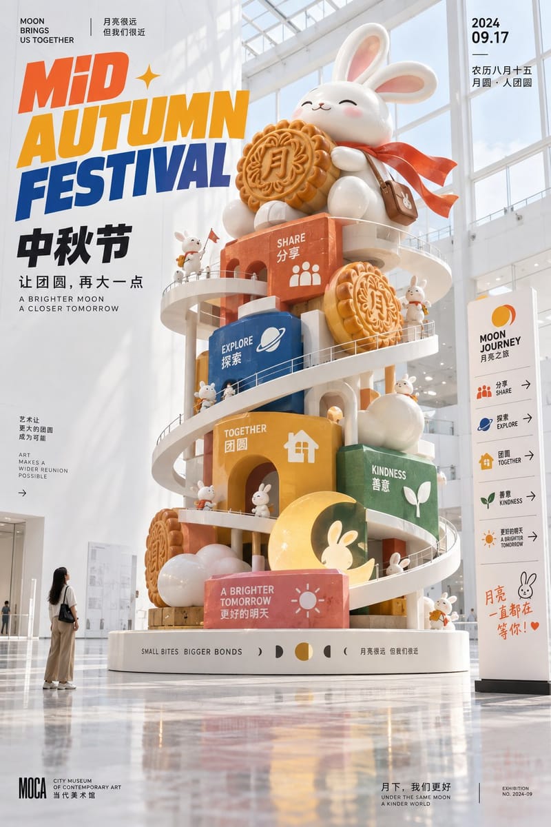中秋玉兔月饼纪念碑装置海报:全白美术馆中庭写实生成指南