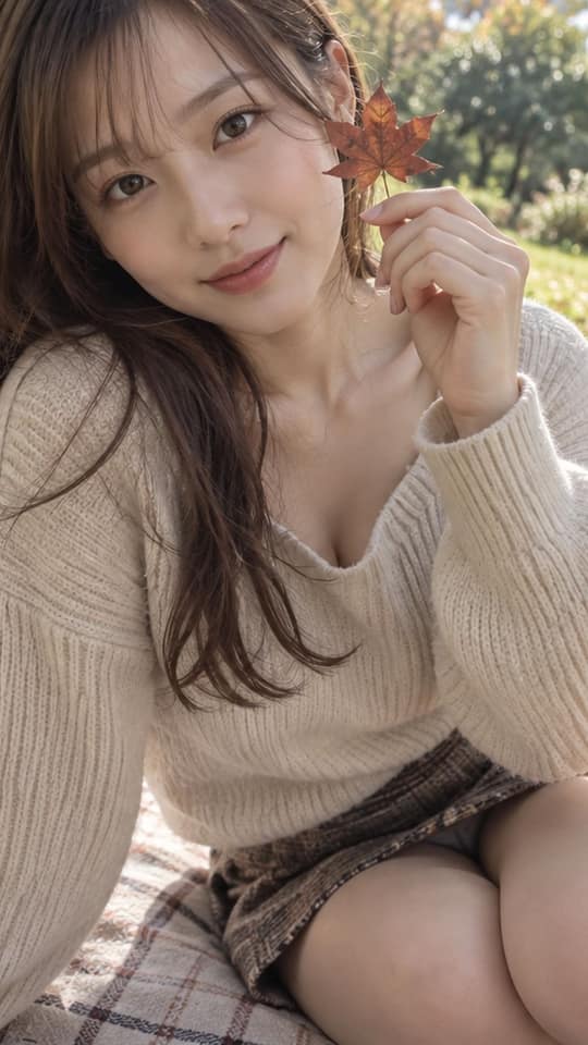 نمونهٔ 公园树影下持红枫叶的日本女性人像提示词