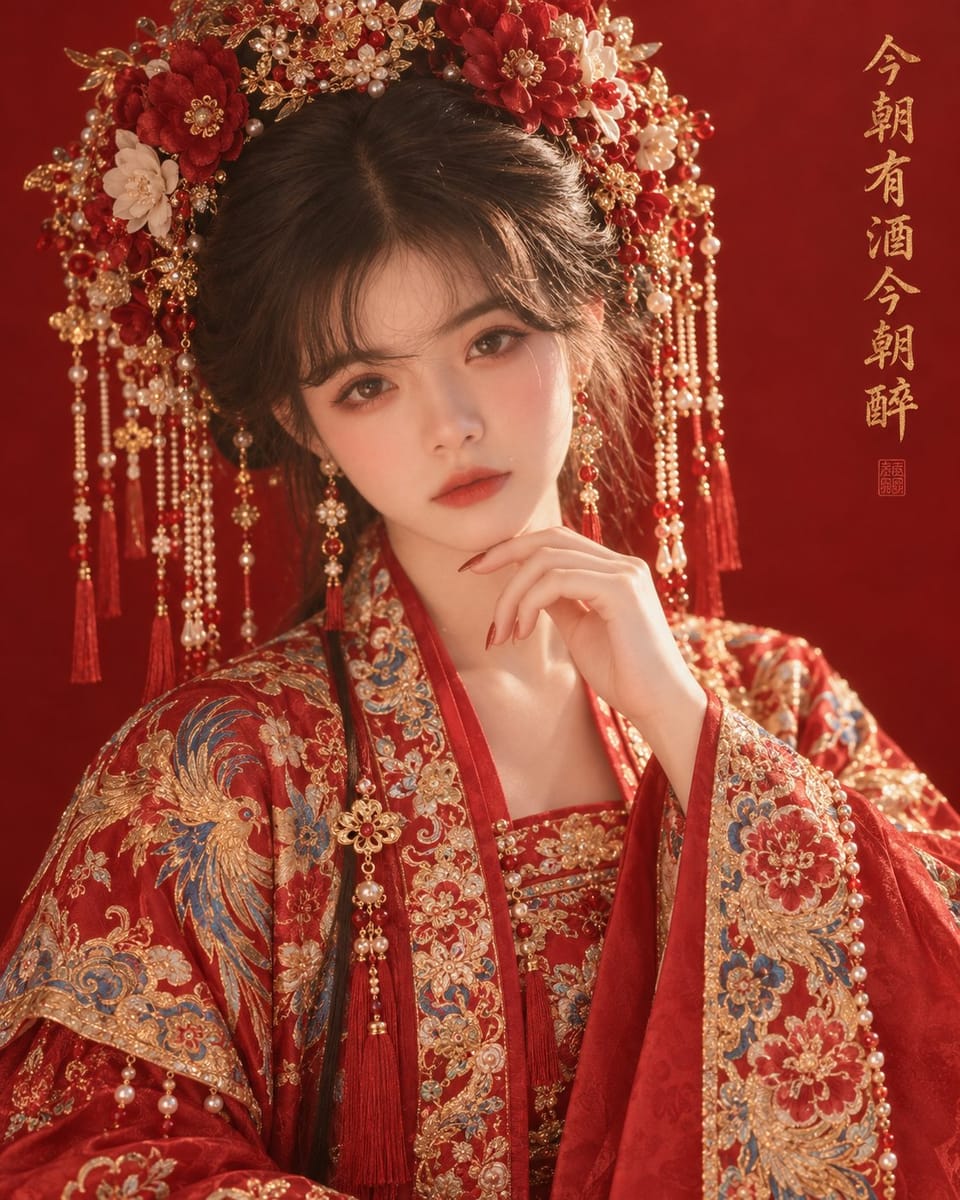 中式婚服红底新娘人像写真提示词