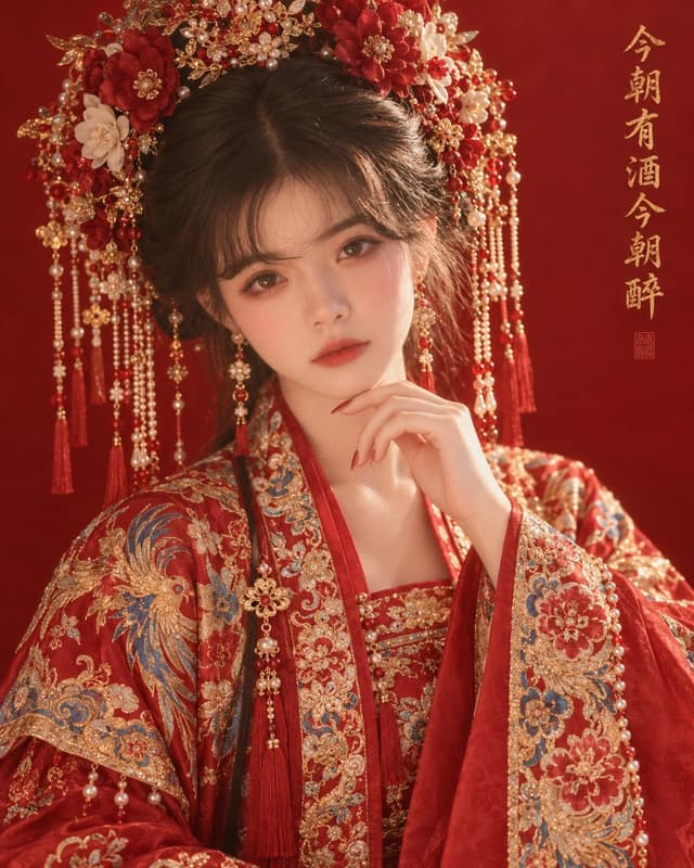 نمونهٔ 中式婚服红底新娘人像写真提示词