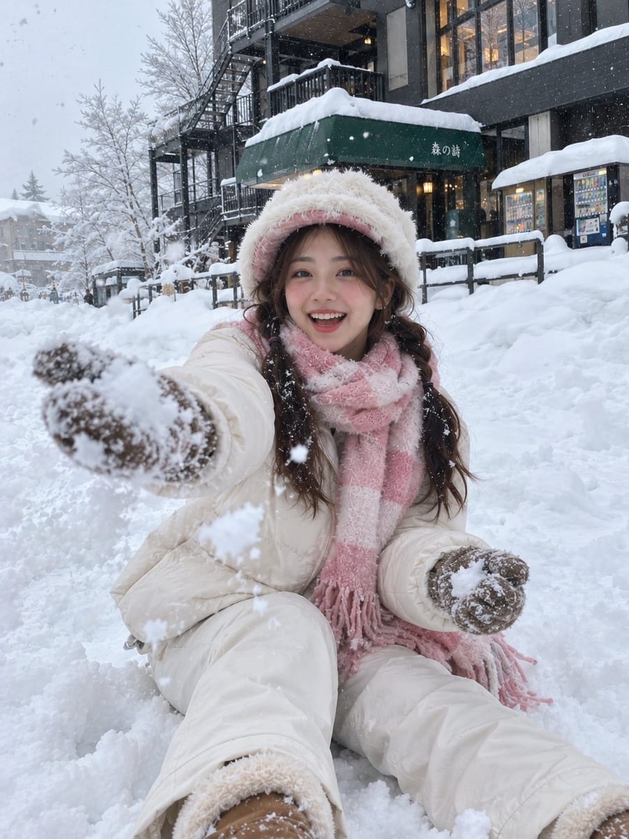 超写实冬日雪地人像|手机摄影提示词