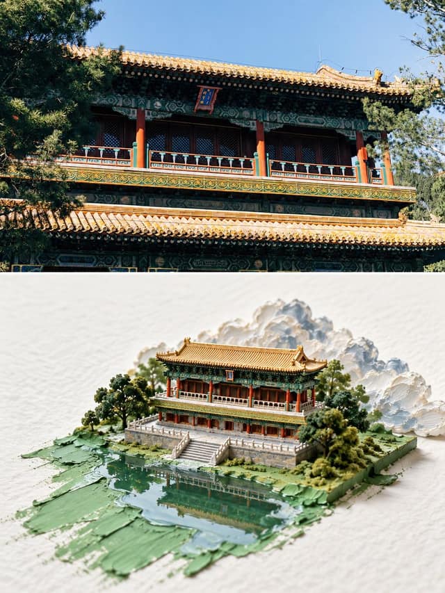 نمونهٔ 建筑摄影一键生成微缩3D模型上下对比艺术图