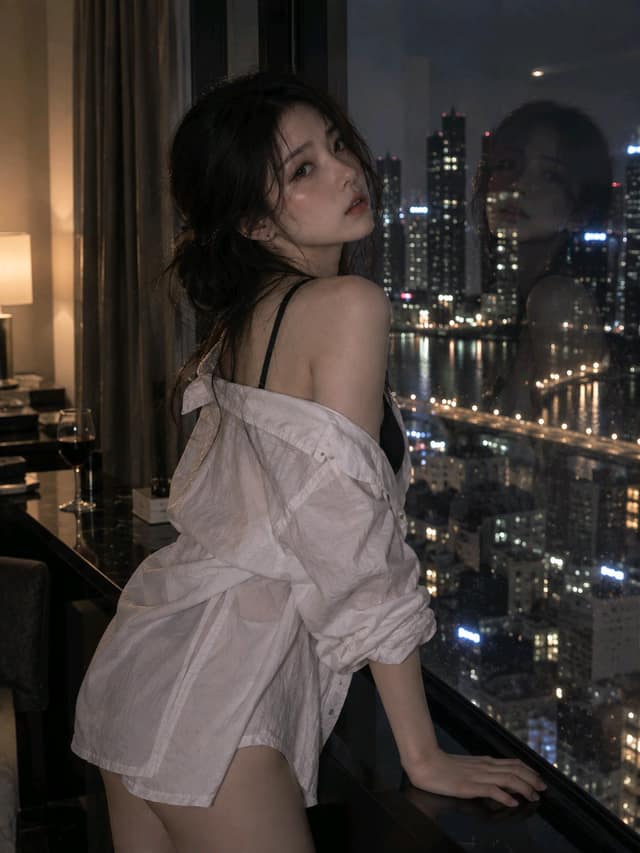 نمونهٔ 城市夜景落地窗前，高级氛围感亚洲女性人像