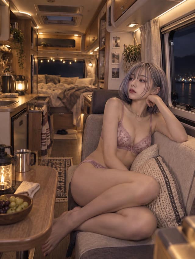 نمونهٔ 露营车内夜间放松全景人像图