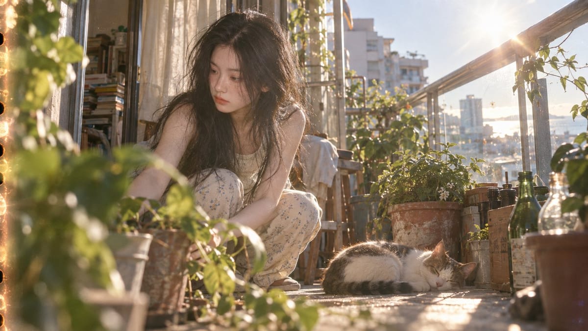 清晨阳台阳光中的猫与主人｜电影感胶片摄影提示词