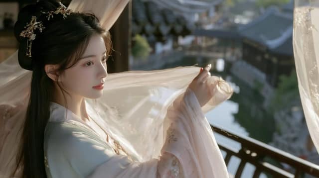 نمونهٔ 宋代少女临水楼阁卷帘清晨美学
