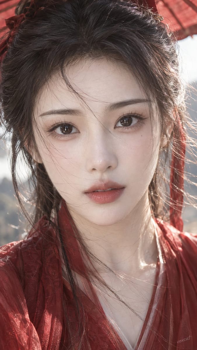 东方古典红衣美人超近景人像特写提示词