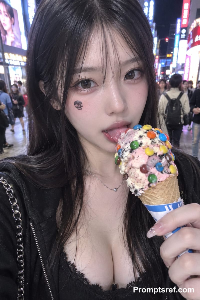夜晚街头吃冰淇淋的甜酷女孩自拍｜Y2K暗黑甜系人像提示词