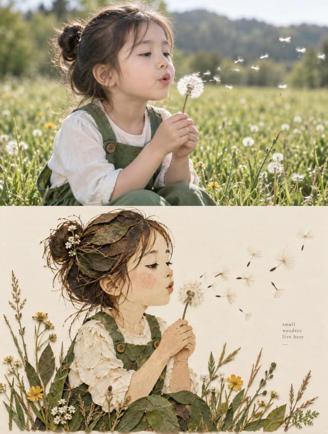 نمونهٔ 真实照片转自然材料拼贴双拼插画｜高级编辑风