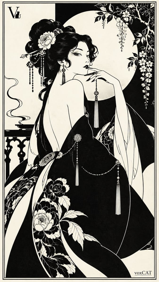 比亚兹莱式东方颓废主义插画，黑白线条东方仕女