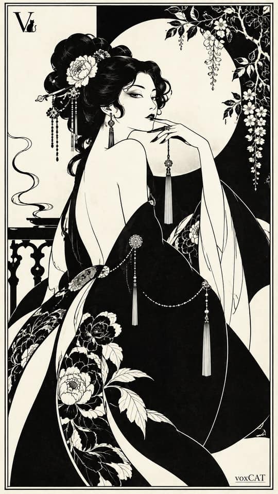 نمونهٔ 比亚兹莱式东方颓废主义插画，黑白线条东方仕女