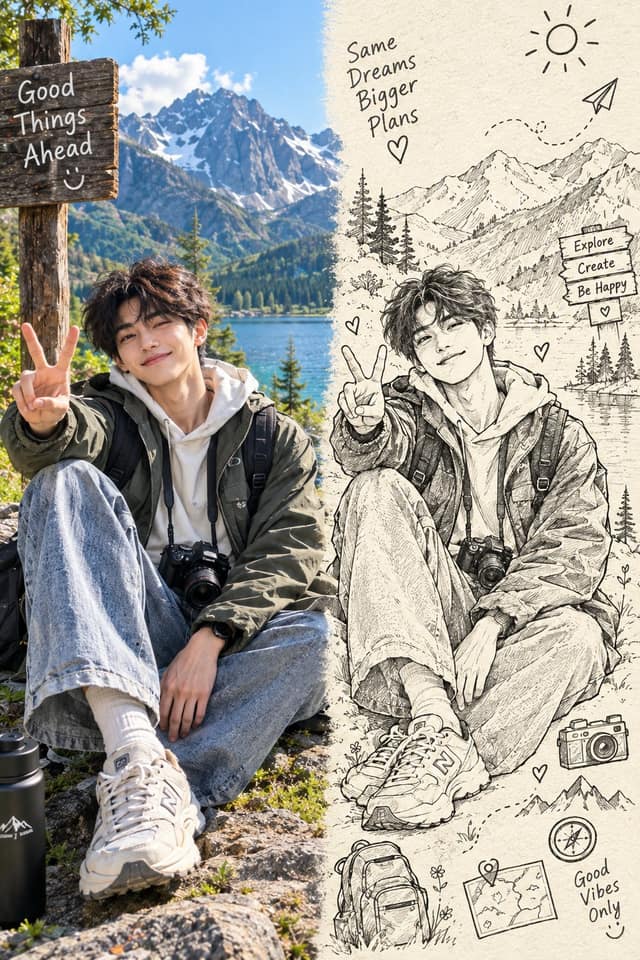 نمونهٔ 分割构图人像摄影+旅行素描草图融合概念