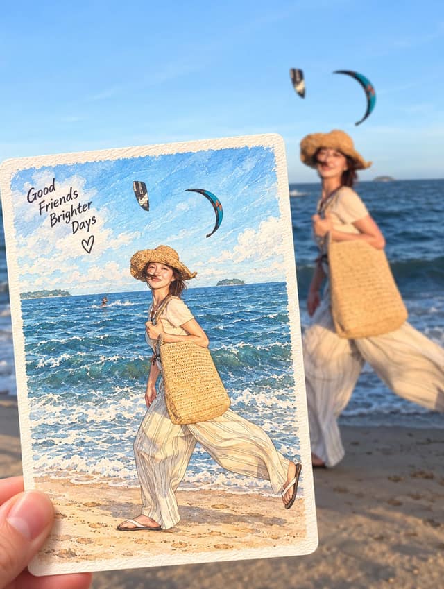 نمونهٔ 手持卡通插画卡片·写实背景对比照