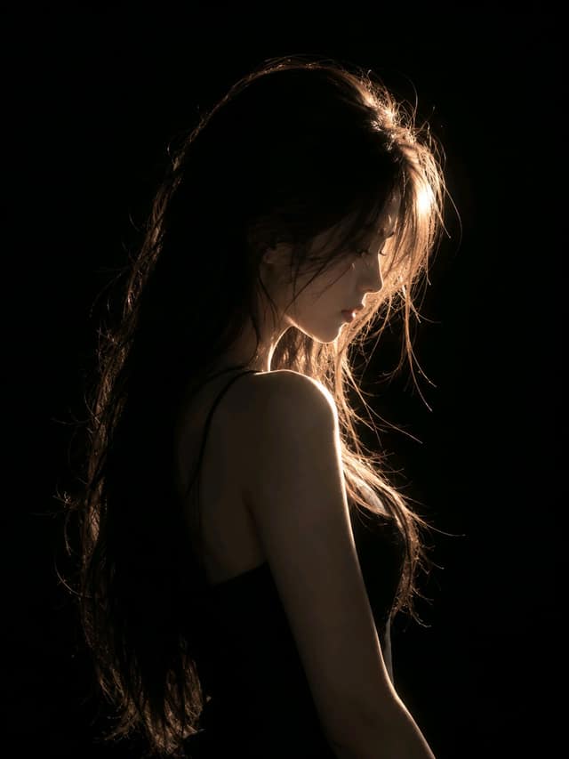 نمونهٔ 深黑暖光侧影：高反差胶片质感女性艺术人像