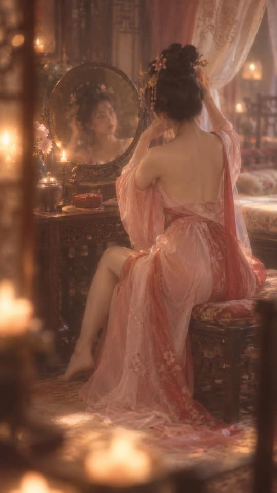 نمونهٔ 唐代闺阁红粉汉服美人梳妆写真
