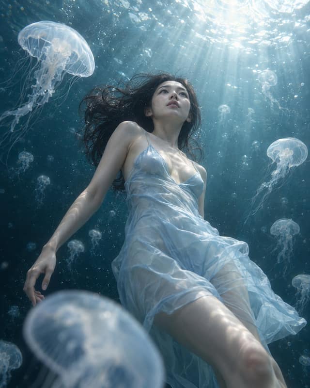 نمونهٔ 梦幻水下东亚女性写实肖像摄影提示词