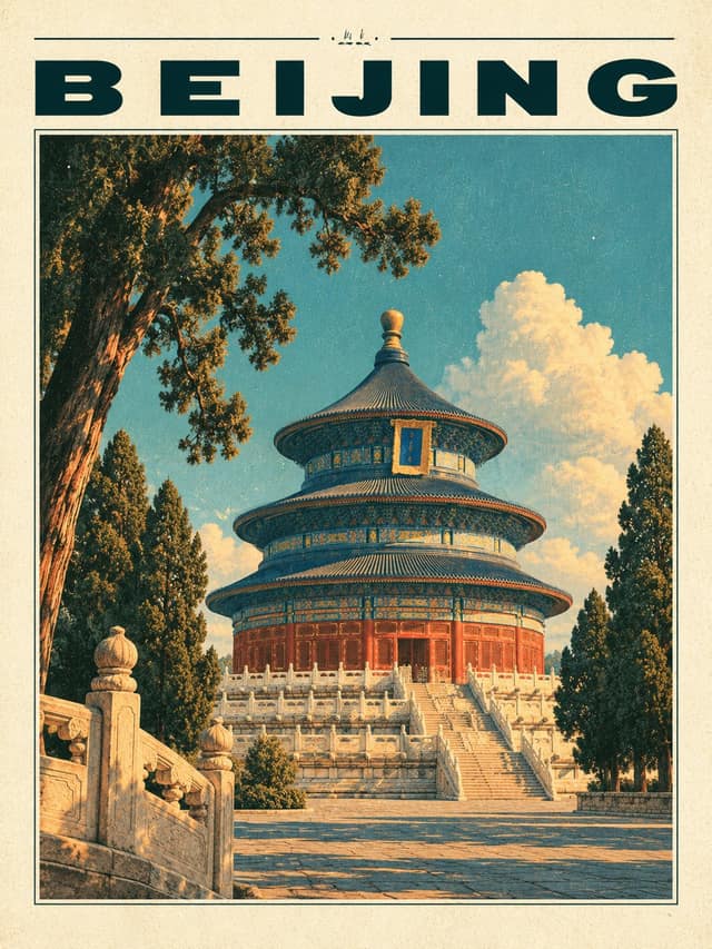 نمونهٔ 复古旅行海报地标插画生成提示词｜一键生成Mid-century老印刷质感海报