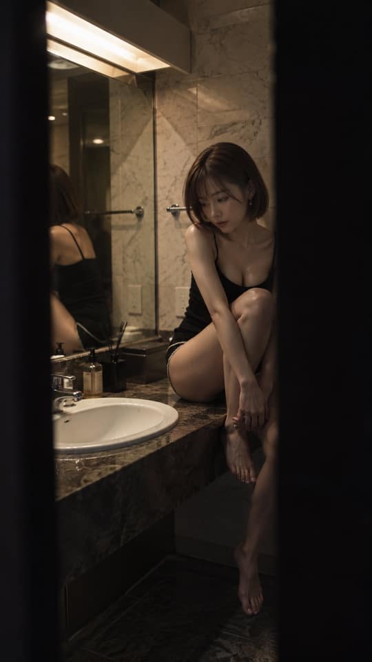 نمونهٔ 昏暗大理石浴室中的忧郁日本女性，电影感写实人像
