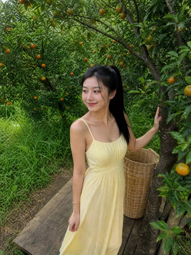 نمونهٔ 柑橘园木质平台韩系清纯少女写真提示词