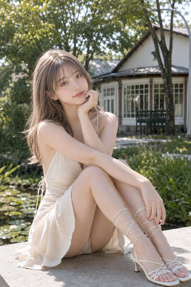 نمونهٔ 庭院树影象牙白裙少女写真提示词