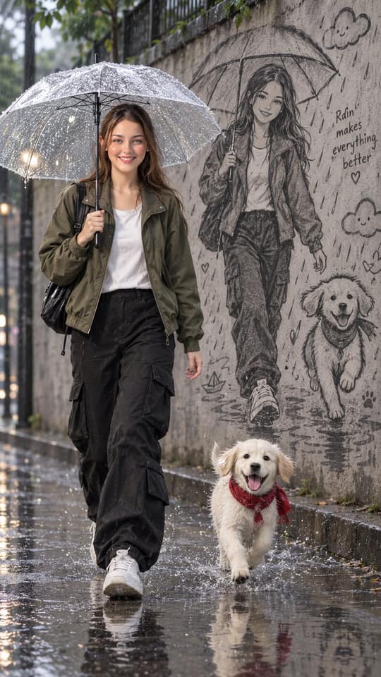 نمونهٔ 电影感雨天女子与小狗速写壁画超写实肖像